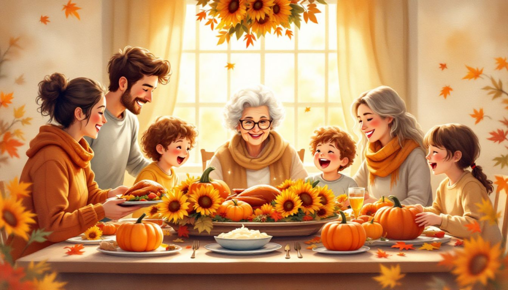 A family gathered around the table for a Thanksgiving dinner, expressing gratitude.