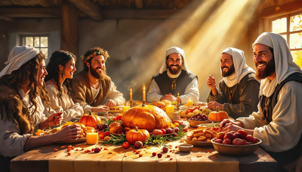 A historical depiction of the first Thanksgiving dinner with Pilgrims and Native Americans.