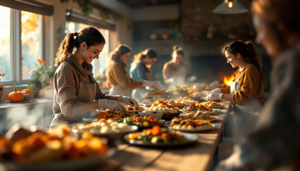 Volunteers serving food at a community Thanksgiving event.