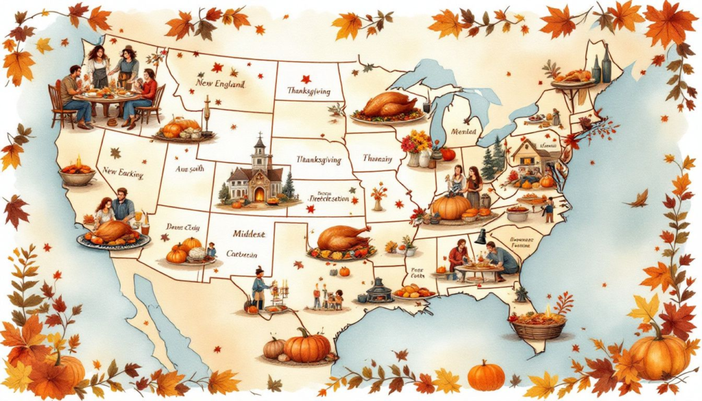 A map highlighting different Thanksgiving traditions across the country.