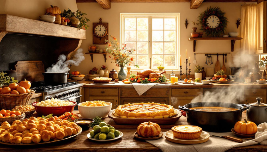 A kitchen scene showing preparations for Thanksgiving dinner.